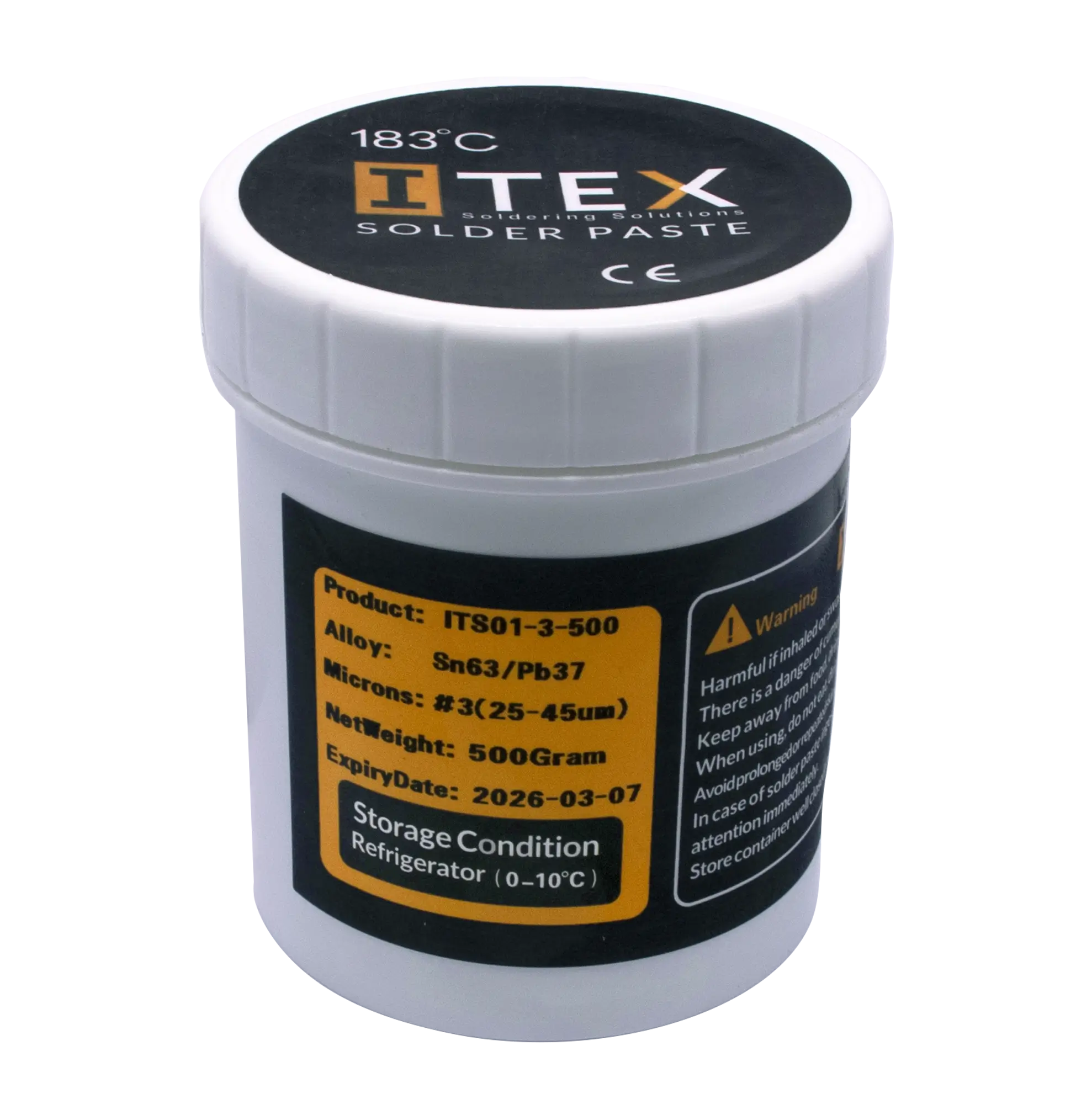 ITEX Sn63/Pb37 Type 3 no-clean solder paste in bottle packaging